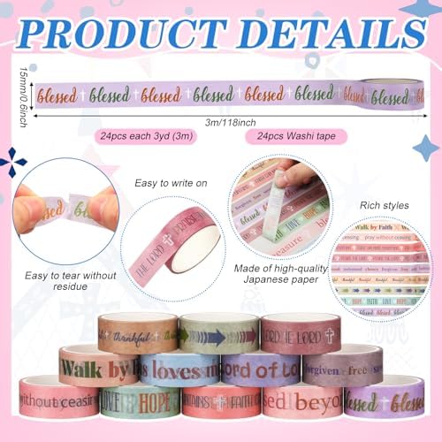 24 Rolls Christian Washi Tape Back to School Bible Verse Gifts