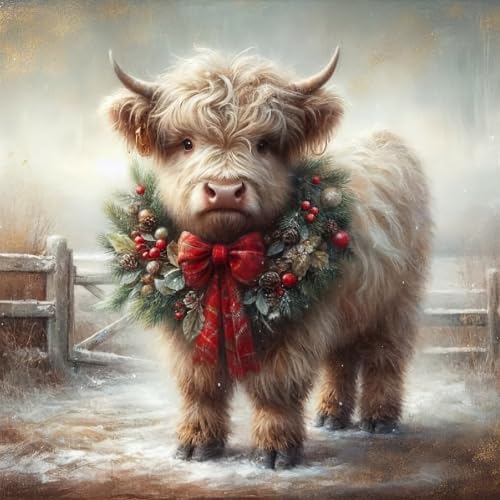 Christmas Diamond Art Kits for Adults, Christmas Highland Cow Diamond Painting Kits for Adults Beginners, 5D DIY Full Drill Round Rhinestone Gem Art Crafts Paintings for Home Wall Decor 12x12 inch