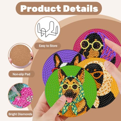 CRZMODE 8 Pcs Dog Diamond Art Coasters Kits, Diamond Painting Coasters with Holder Set of 8, DIY Dog Art Crafts Supplies for Adults Cup Mat House Warming Gifts Non-Slip