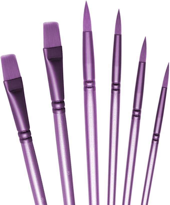 Acrylic Paint Brush Set, 6 pcs Watercolor Brushes, Painting Brush Nylon Hair Brushes for All Purpose Oil Watercolor Painting Beginner Kits (6, Purple)