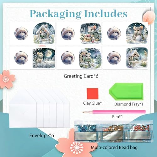 antor 6 Pack Christmas Diamond Art Cards with Envelopes, DIY Special Shaped Rhinestone Diamond Painting Greeting Card Kit, Winter Mouse Design for Adults Holiday Craft