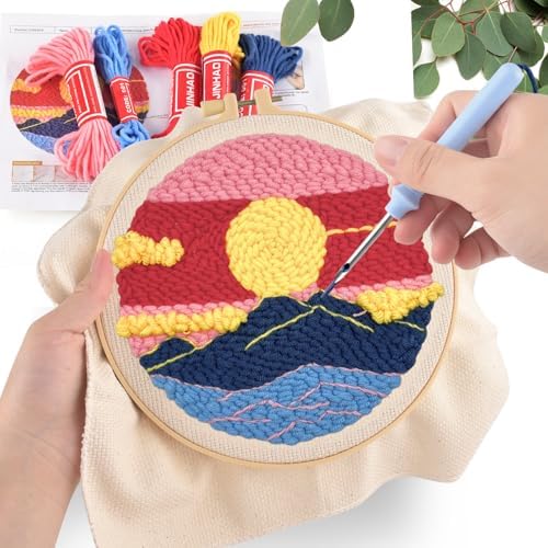ERKOON Punch Needle Kit Adults Beginners, 2 Pcs DIY Easy Landscape Embroidery Set for Starter Art Craft, Needling Punching Project with Patterns, Tools, Yarns, Hoop, Instruction (Desert & Afterglow)
