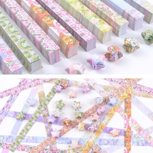 1200Pcs Colorful Origami Star Paper Strips 24 Patterns Double-sided printing Lucky Star Paper Strips for DIY Handcrafts School Teaching