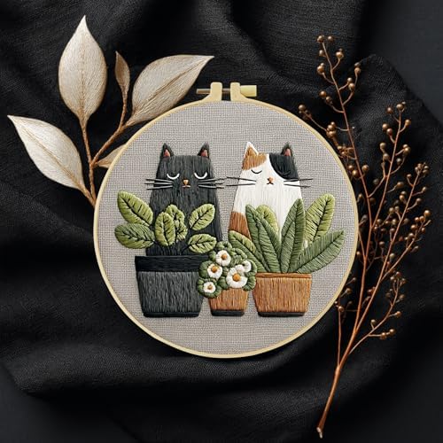 Cute Cat, Plants Patterns Embroidery Kits for Beginners,Adults Starter Cross Stitch Kit with Funny Animal Pattern,DIY Needlepoint Everything is Fine,Step by Step Instructions and Video Tutorial