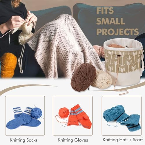 Yarn Bag, Small Knitting Crochet Bag, Portable Yarn Storage Bags Organizer for Crocheting Project, Store Skein Ball, Short Knitting Needle (Khaki)