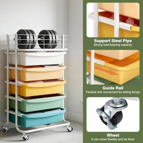 Rolling Storage Utility Cart Organizers with 5 Drawers and Metal Tabletop