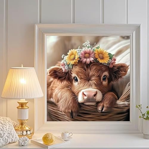 APTDYIGL 5D Highland Cow Diamond Painting Kits for Adults Beginner,DIY Cow Diamond Art Kits for Adults,Round Full Drill Diamond Dots with Gem Art Kits,Home Wall Decor 13.7X13.7inch