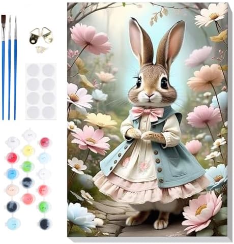 Bowetile Framed Paint by Numbers Easter Kit for Adults, Adults' Paint-by-Number Bunny Kits on Canvas, Painting by Numbers Rabbit, DIY Acrylic Number Painting for Home Wall Decor, 8x12in