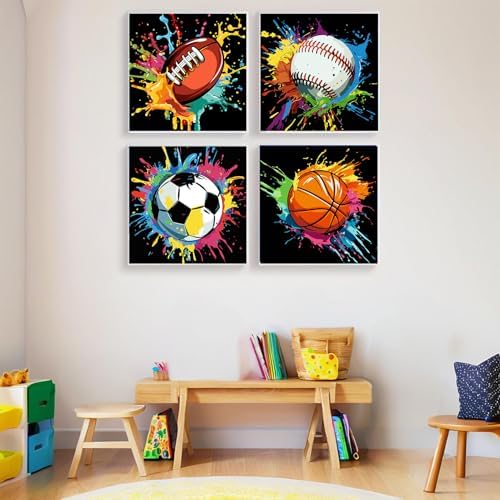 bleihum 4 Pack Paint by Numbers Kit for Kids with Frame Wooden Easel 8x8In | Easy Paint by Number Kids Sports, DIY Acrylic Oil Football Painting by Numbers for Home Wall Decor