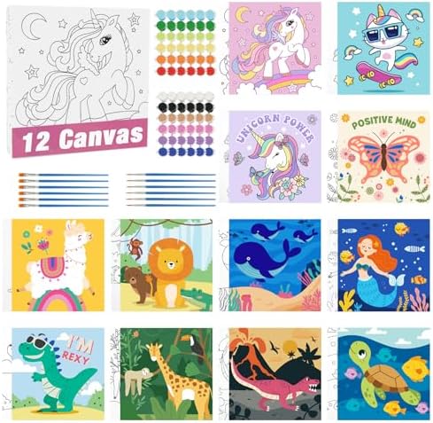 CONDA 12 Pcs Pre Drawn Canvas to Paint 6x6 Inch, Animal Pre Printed Canvas for Painting with 12 Acrylic Paint Sets and 12 Brushes for Kids Beginners Students, DIY Paint Art Supplies