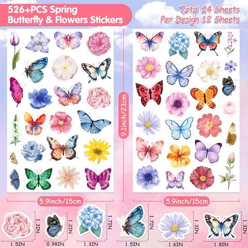 LINAYE 24 Sheets Butterfly Flower Stickers for Kids Adults, Spring Butterfly Flower Decorative Stickers Bulk for Crafts Envelops Scrapbooking, Butterfly Party Favors Supplies for Kids Classroom