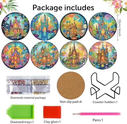 8 Pcs Diamond Art Coaster Kit for Adult with Holder, Diamond Coasters 4x4in
