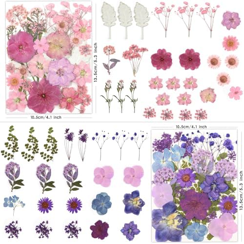LUXEEASE 100P Pink Purple Blue Dried Pressed Flowers | Soft romantic shades, mixed petal shapes, for resin jewelry scrapbook card candle frame decor, tweezers included