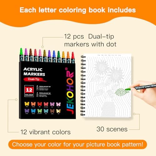 Coloring Book,Dot By Letter Art Meditations with 12 PCS Acrylic Markers,Mindfulness Adult Coloring Book-Relaxing,Anti-Stress,30 Pattern Coloring Books for Adults,Dot Art for Adults-Landscapes,Flower