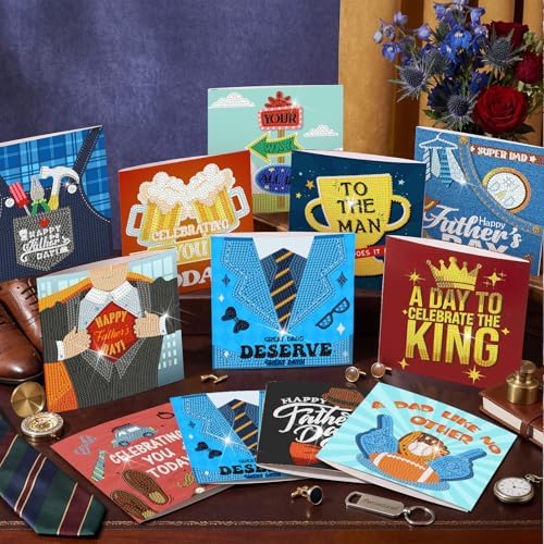 Saillong 12 Pack Father's Day Diamond Painting Greeting Cards Kits Dad Diamond Art Cards with Envelopes Best Dad 5D Rhinestones Painting Making Kits for Adults Father's Day DIY Craft Gifts