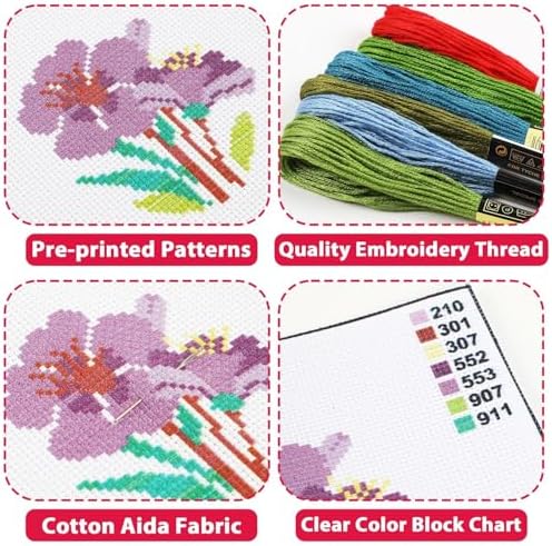 ZOIIWA 6 Pcs Flower Cross Stitch Kit for Beginner Flower DIY Embroidery Kit