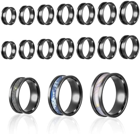 Ring Blanks, 14 Pcs Stainless Steel Finger Rings Grooved Core Inlay Blank Rings US Size 6/7/8/9/10/11/12 Empty Ring Blanks for Jewelry Making Kit Supplies (Black)