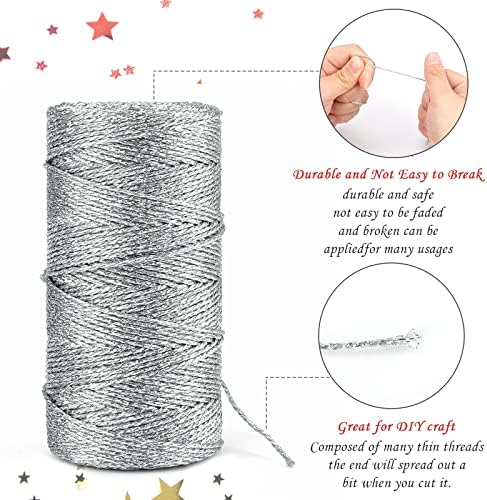 jijAcraft 328 Feet Silver String Twine - 1.5mm Metallic Ornament Thread Gift Wrapping - Inelastic Macrame Glitter Gold Cord for Gift Wrapping, DIY Crafts, Bracelets
