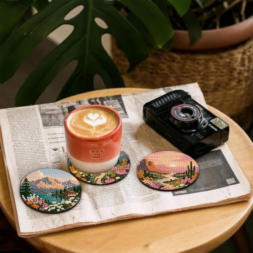 CRZMODE 8 Pcs Landscape Diamond Art Coasters Kits, Diamond Painting Coasters with Holder