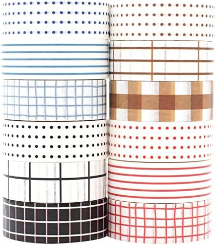 Basic Washi Tape Set 12 Rolls Dot & Grid Decorative Tapes for Journals, Planners, Scrapbooking, Gift Wrapping, DIY Crafts
