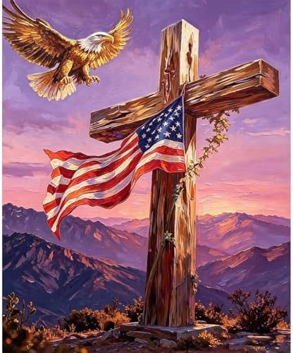 Paint by Numbers Kit for Adults - Cross & Eagle Mountain Sunset, DIY Paint by Number, Patriotic Themed Oil Painting Canvas, Paint by Numbers for Adults, Home Wall Decor