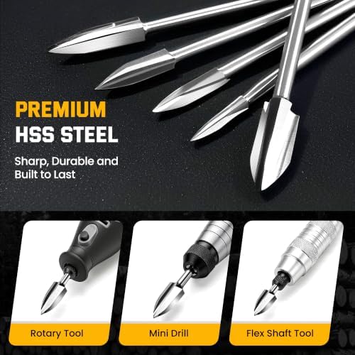 Wood Carving Drill Bits Set, 5PCS HSS Engraving Burr Bits with 1/8" Shank, Compatible with Dremel Rotary Tool for Wood Carving, Woodworking, Grinding, DIY Crafts and Detail Work