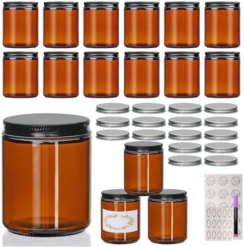 Salzesfalls 16 Pack Dark Amber Candle Jars, 8 oz Glass Jars with Lids