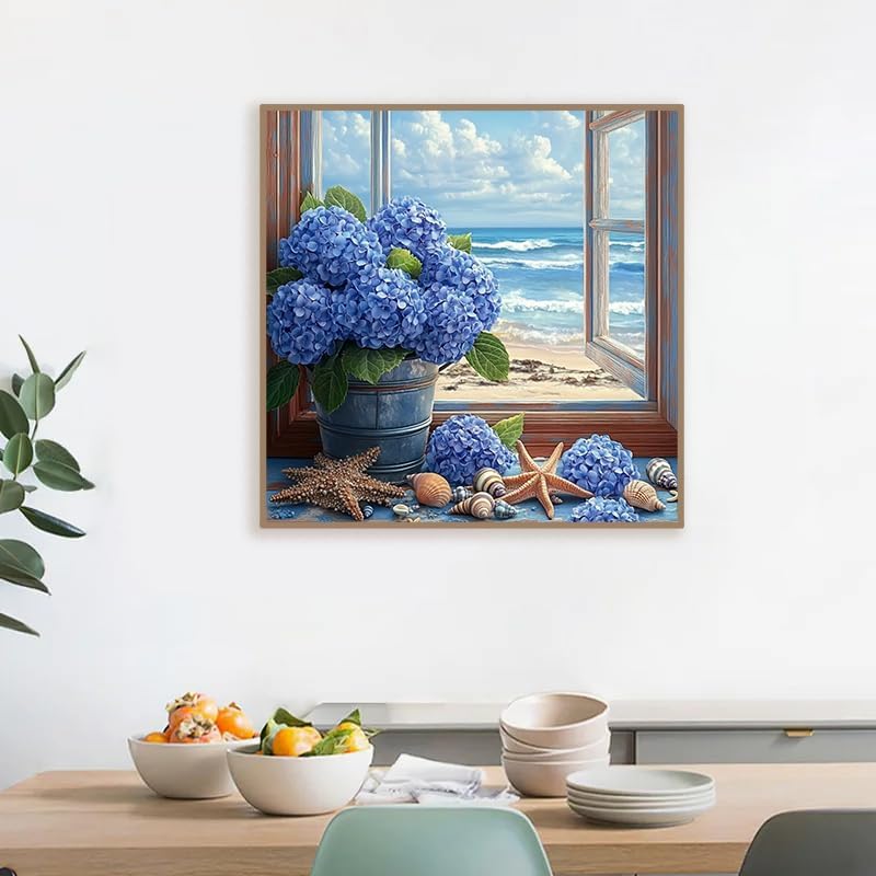 GEWOUVIN Window Side Hydrangea Diamond Art Kits for Adults,Seaside Diamond Painting Kits for Adults Beginners,DIY Full 5D Round Drill Gem Art Kits for Gift Home Wall Decor【13.8x13.8inch】