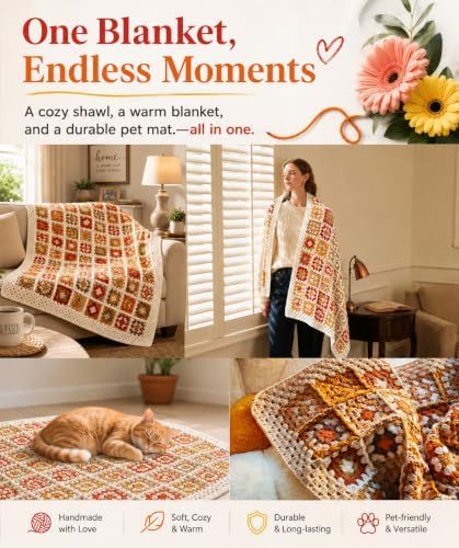Kitcroet Granny Square Crochet Kit for Beginners, Complete Crochet Blanket Kit with 20 Skeins Yarn, Step-by-Step Video & Written Instructions, 34" x 45" Retro Blanket Starter Kit, Warm Retro Brown