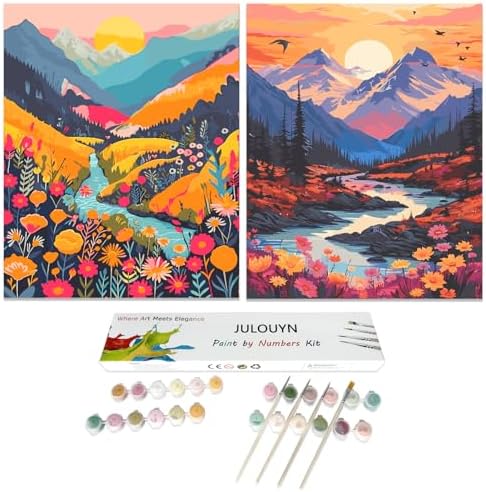 JULOUYN 2 Pack Landscape Paint by Numbers Kit for Adults,16x20 in | Easy to piant for beginners elderly, DIY art, with Magnifying glass, Relaxing & Stress relief, canvas, Home wall decor
