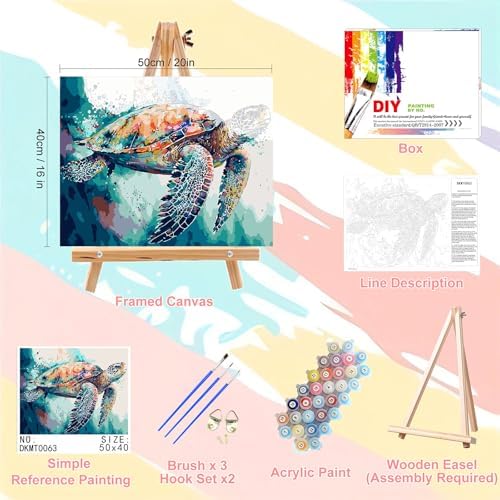 Sea Turtle Paint by Numbers for Adults with Framed Canvas - Wooden Easel