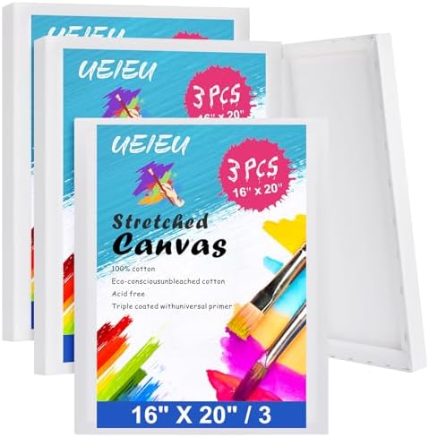 Stretched Canvas for Painting 16 x 20 Inch, 3 Pack Blank Canvas, Triple Primed Acid-Free Cotton, Canvas for Acrylic Oil Pouring & Wet Media