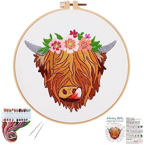 Louise Maelys Highland Cow Stamped Embroidery Kit Floral DIY Craft