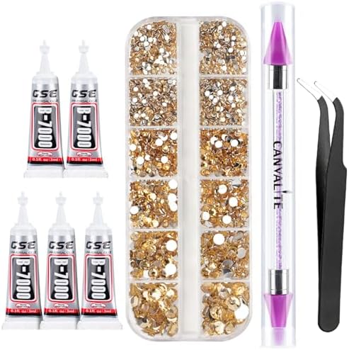 Canvalite 3348Pcs Gold Rhinestones Flatback Gems, Nail Rhinestones Nail Art Gems with Jewelry Glues, Pick Up Tweezers and Rhinestone Picker Dotting Pen, Nail Art Tools for Nails, Clothes, Face, Craft