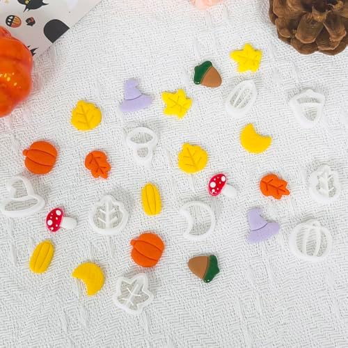 Xaekicr 9PCS Fall Theme Polymer Clay Cutters for Earrings – Autumn Leaves, Pumpkin, Acorn, Witch Hat Clay Cutters – Polymer Clay Molds & Tools for Jewelry Making