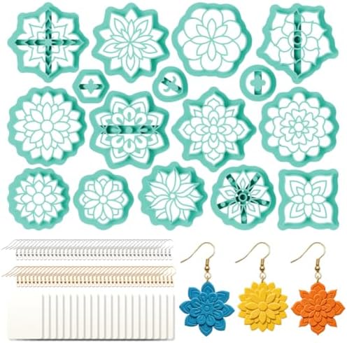 beinkmake 16Pcs Mandala Flower Polymer Clay Cutters Set Bloom Clay Earrings Cutters for Adults Polymer Jewelry Cutter with Earrings Accessories DIY Craft Supplies