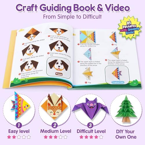Mocoosy 320 Sheets Origami Kit for Kids Ages 5-8 9-12, Folding Paper Set with Origami Book & Paper Airplane, DIY Art Craft Project for Boys Girls, Travel Game Airplane Car Road Trip Activity Toy Gift