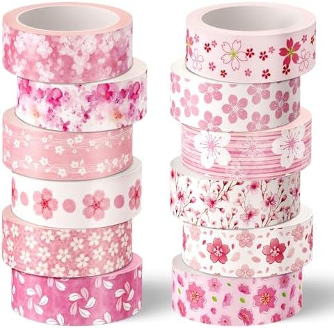 Whaline 12 Rolls Cherry Blossom Flower Washi Tape Floral Masking Tape Set Pink Sakura Decorative Wrapping Paper Tapes Boxed for Spring Scrapbook Journal DIY Crafts