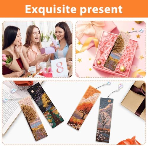 Mandun 4 Pcs Season Diamond Painting Bookmark Kits, Special Shaped Diamond Art Bookmarks with Pendant, DIY Season Diamond Art Bookmarks with Tassels Crafts Gifts Supplies