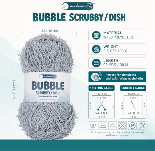 Makromecity Bubble Scrubby Yarn - 100% Premium Polyester Yarn for Crocheting and Knitting - 3.5 Oz (100g), 98 Yds (90m) - Ideal for Dishcloths, Crafting & Bath Washcloths (Light Grey, 3 Skeins)
