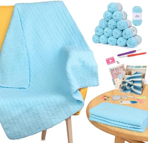 Aeelike Crochet Blanket Kit for Beginners, Easy Soft Crochet Kit, Blue