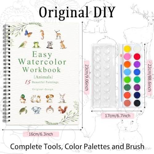 Watercolor Workbooks, 16 Colors Water Color Books Paint Set for Adults, Watercolor Coloring Book for Beginners, Water Color Workbook, 15 Beautiful Paintings for Beginners (Animals)