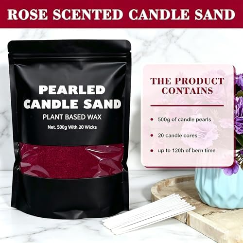 1.1LB Candle Sand- Red Candle Beads, Sand Wax for Wedding Decor Rosa Scented Candle with Wicks Dark Pearled, Wax for Home Decoration Party Gift 85 Burn Hours Refillable Candle Wax DIY Candle Making