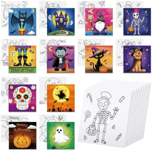 Anseal 12 Packs Pre Drawn Canvas to Paint, 4" X 4" Halloween Pre-Printed Paint Party for Painting, Pre Stretched Canvas Outline Painting Boards for Paint Lovers, Party Favor