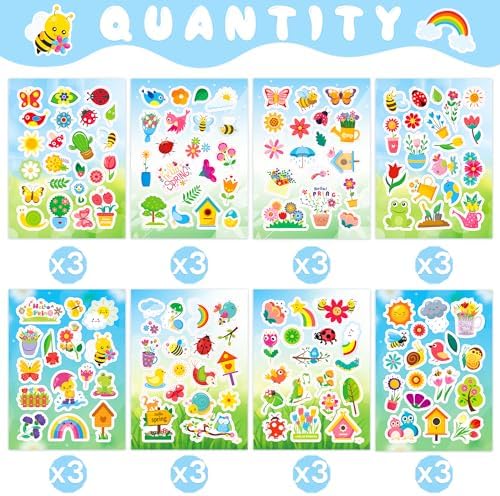 Ozepao 444 Pcs Spring Stickers for Kids, 24 Sheets Spring Garden Stickers Bulk for Water Bottles Gifts Bags Cards Envelopes Decor