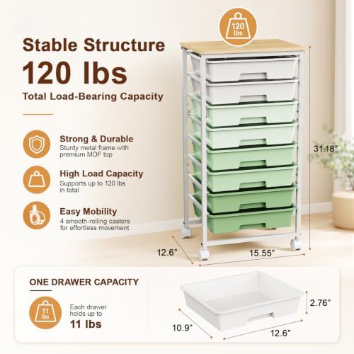 LEHOM Rolling Storage Cart with 8 Drawers, Utility Cart on Lockable Wheels