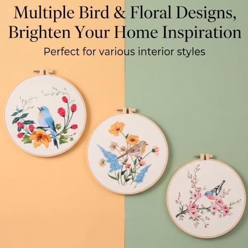 Harimau Beginner Adult Embroidery Kit, All-in-One Starter Pack with 3 Patterns, 3 Hoops, Scissors, Needles, Instruction Manual & Stitching Video Guides
