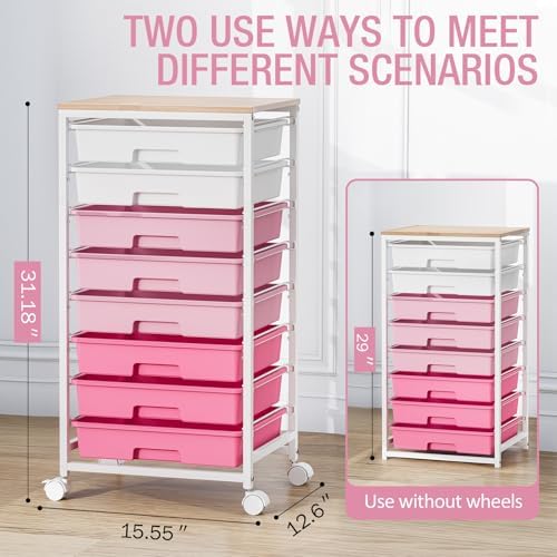 TOOLF Rolling Storage Cart with 8 Drawers,Rose Pink | Utility Cart on Wheels with Wooden Tabletop,Teacher Organization for Classroom, Art Cart for Office,Bedroom,Craft Room