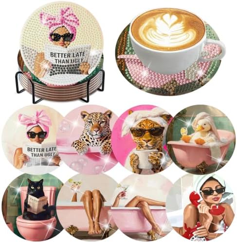 8 Pack Diamond Art Coasters, Pink Bow Woman Diamond Painting Coasters