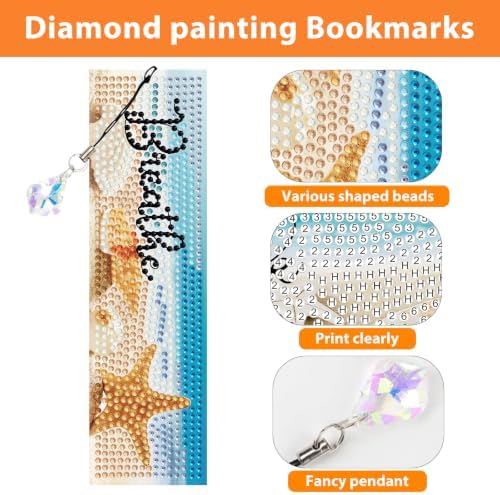 Mandun 4 Pcs Diamond Painting Bookmark Kits, Special Shaped Diamond Art Bookmarks with Pendant, DIY Beach Diamond Art Bookmarks with Tassels Crafts Gifts Supplies
